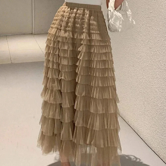 Khaki Boho Womens Solid Layer Ruffle Hem Mesh Skirt - Picture 4 of 5